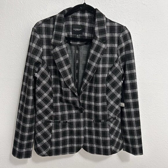 Liverpool Fitted Blazer Womens Size M Black White Glen Plaid One Button Academia - Picture 2 of 13